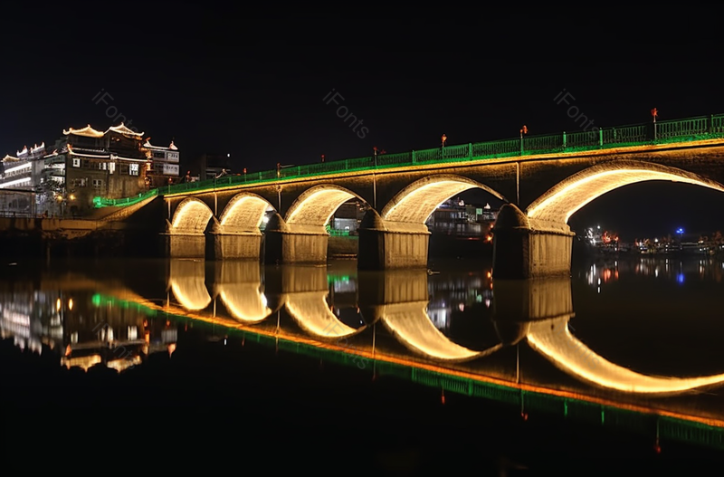 黑色水乡水城灯光孔桥夜景远景拍摄,高清,摄影图,摄影图片,图片大全,摄影图免费下载